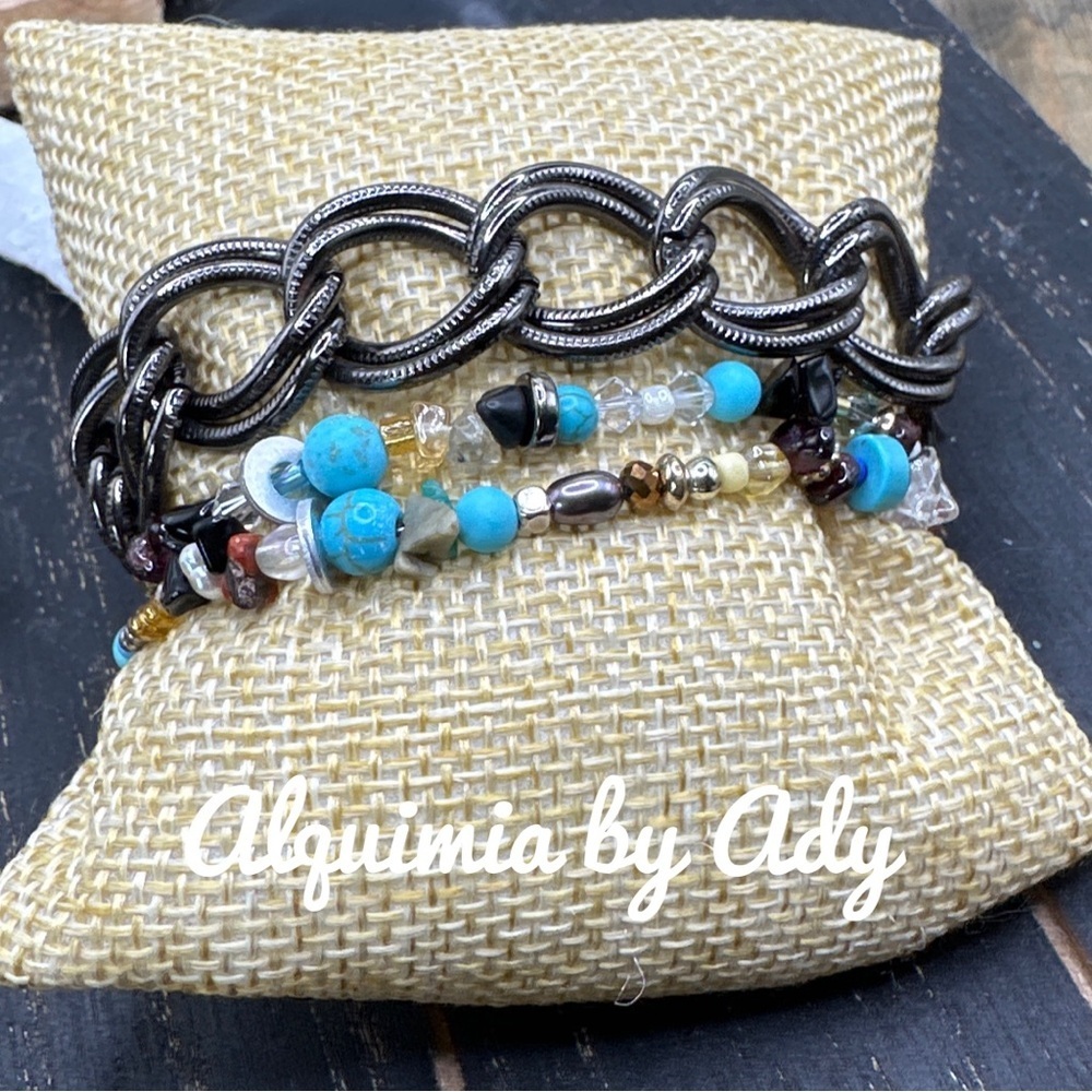 Multi Turquoise beaded bracelet layered wrapped around brass